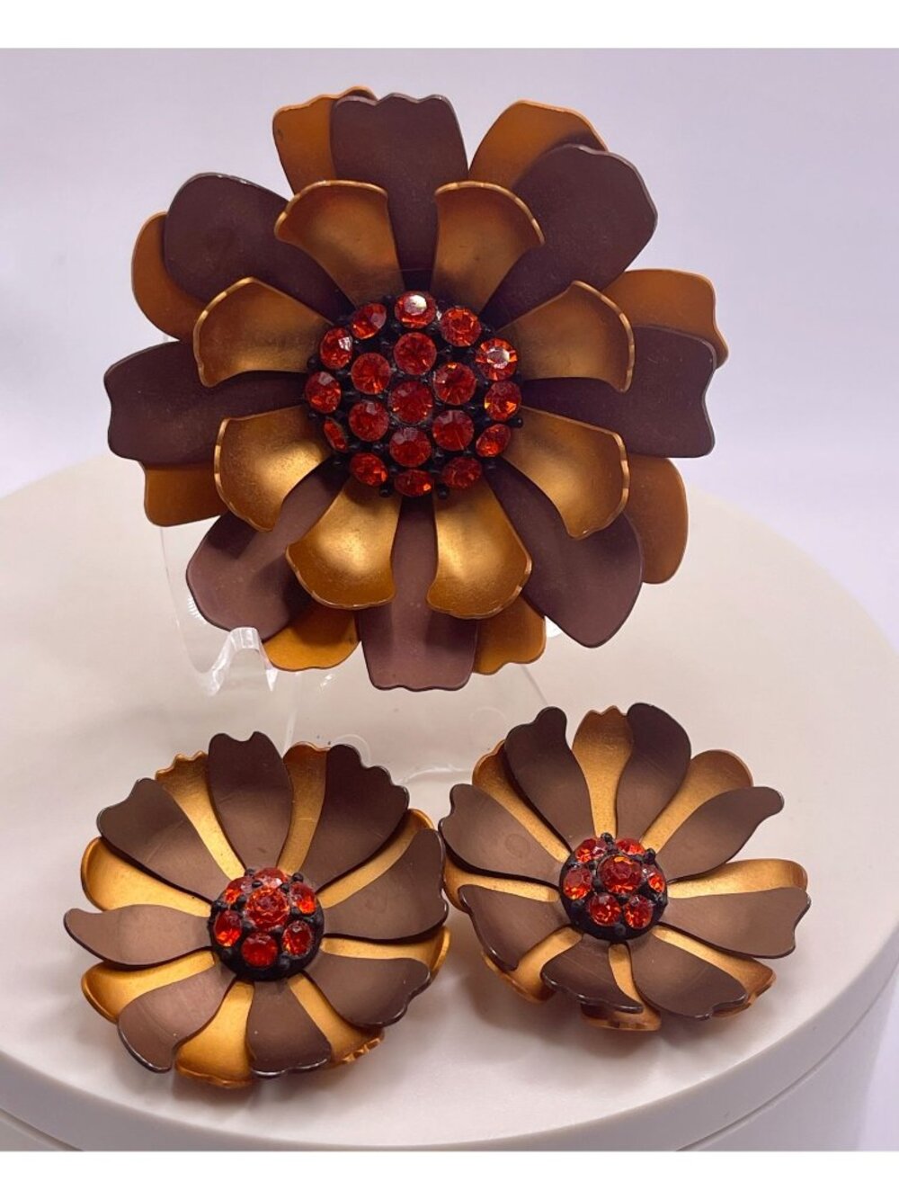 Vtg 60s Retro Orange Bronze Enamel Flower Power Brooch & Earring Set Rhinestones